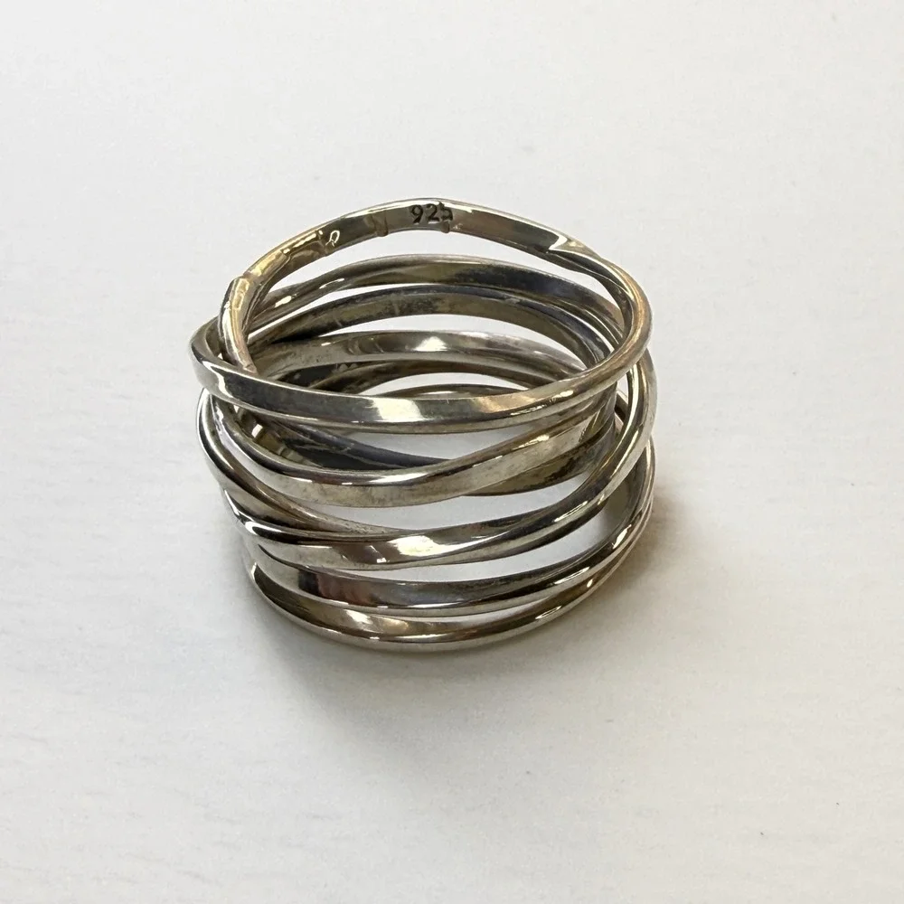 Sterling Silver Multi Band Rolling Ring Hammered Interlocking Stacked Size 6.5